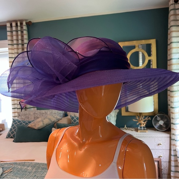Purple Wide Brim Straw Hat with Tulle Ribbon main image 5